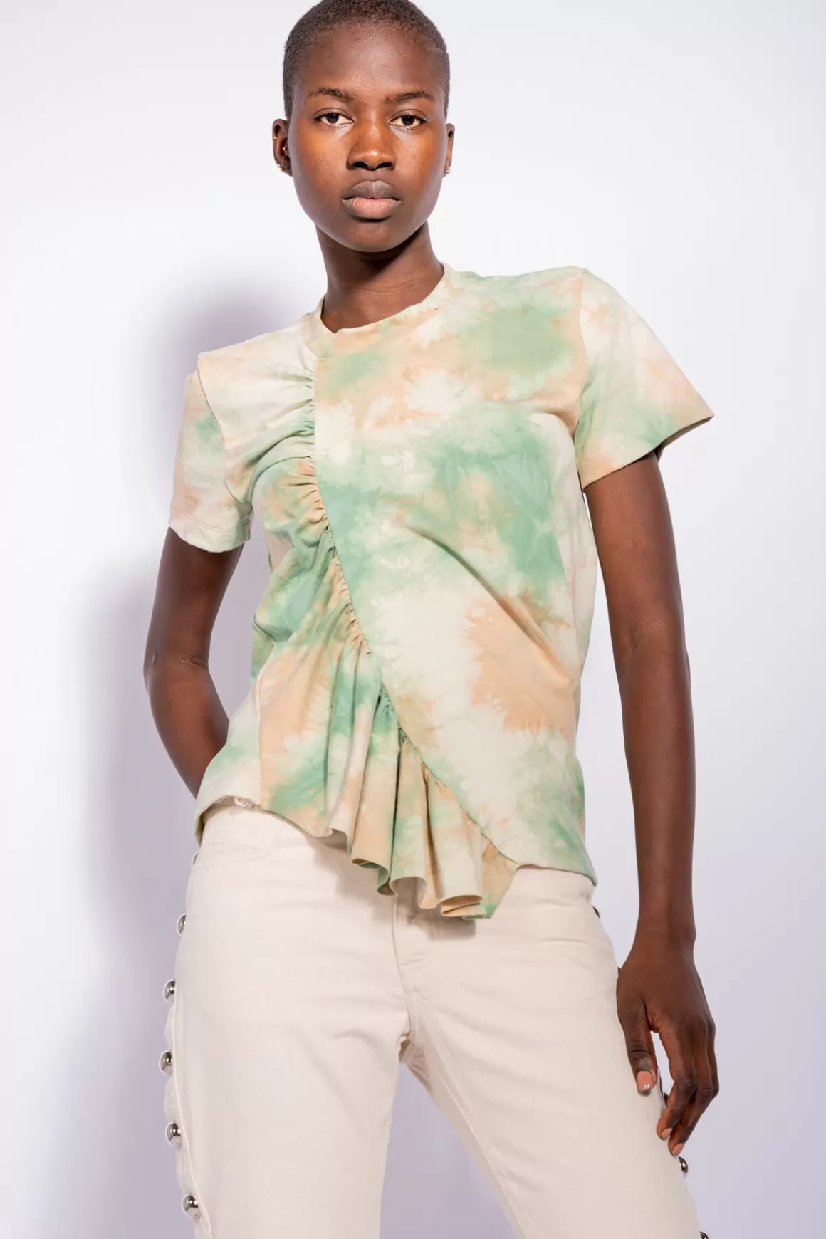 Flash Sale GREEN TIE DYE GATHERED T-SHIRT Women TOPS | JERSEY