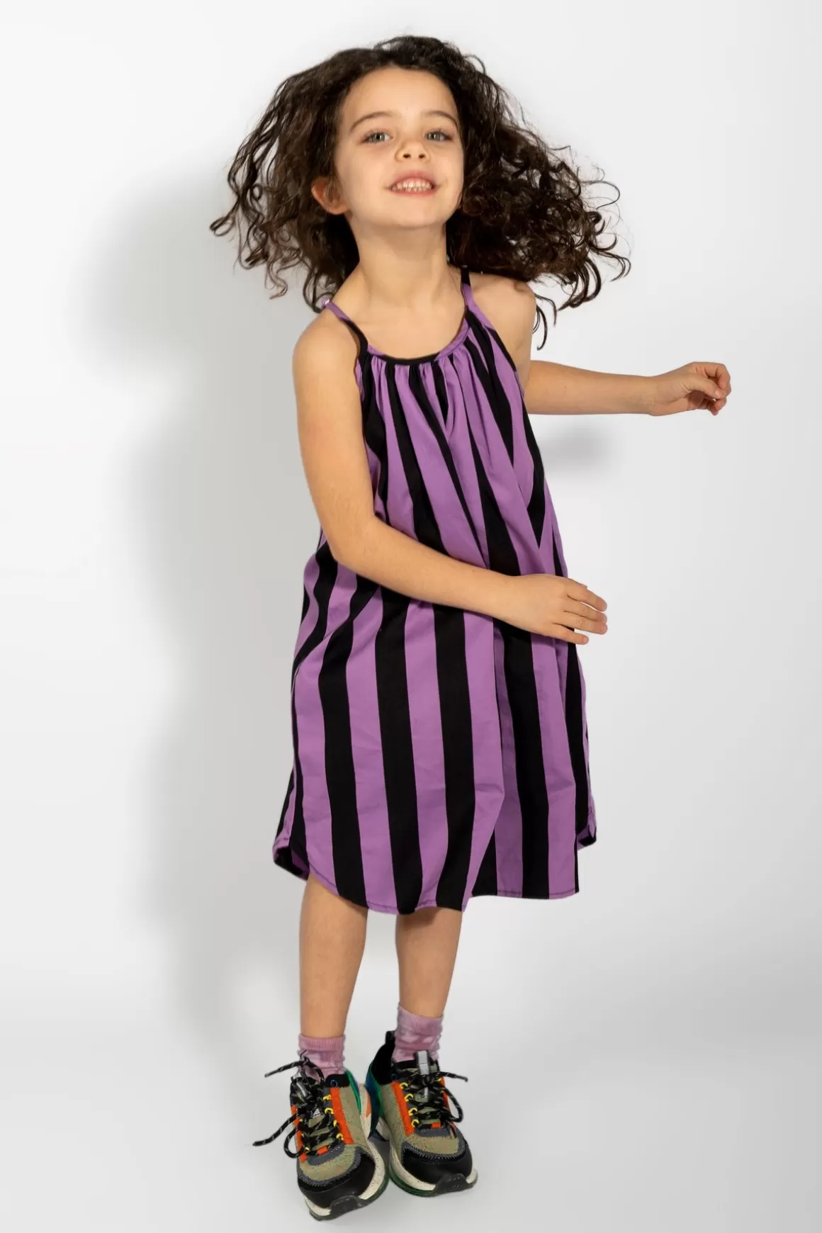 New LILAC AND BLACK STRIPED COTTON STRAP DRESS Kids DRESSES