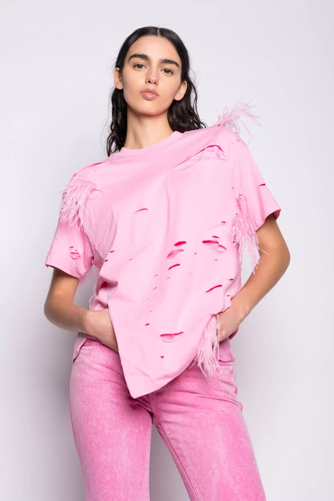 Fashion DISTRESSED T-SHIRT WITH FEATHERS Women TOPS